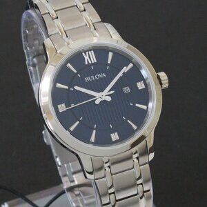 Bulova Classic Diamond Accent Ladies Watch Stainless Deep Blue Dial 32mm